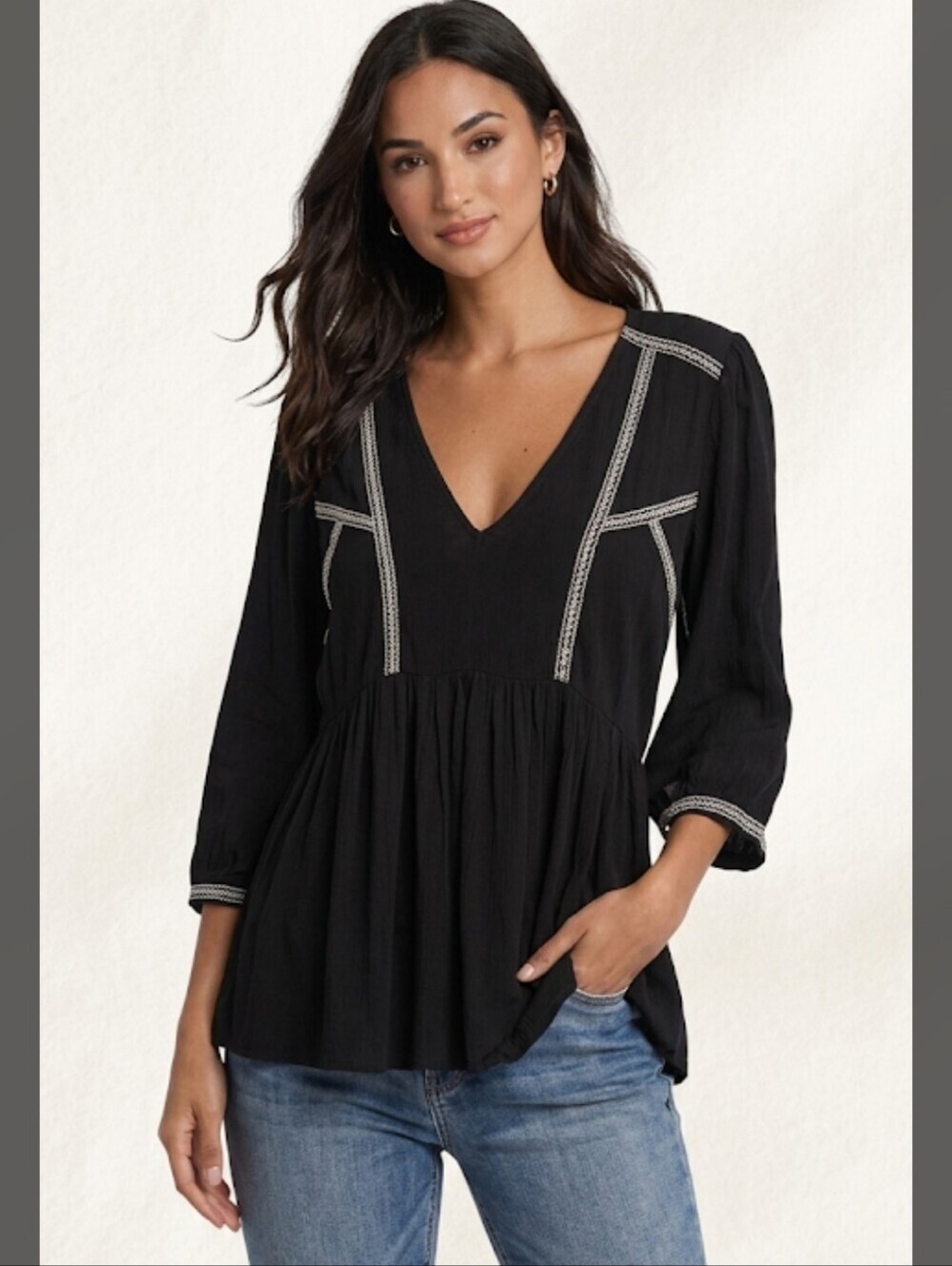 Ba&sh Black Boho Peasant Blouse Womens XS White Embroidered Trim 3/4 Sleeve Top